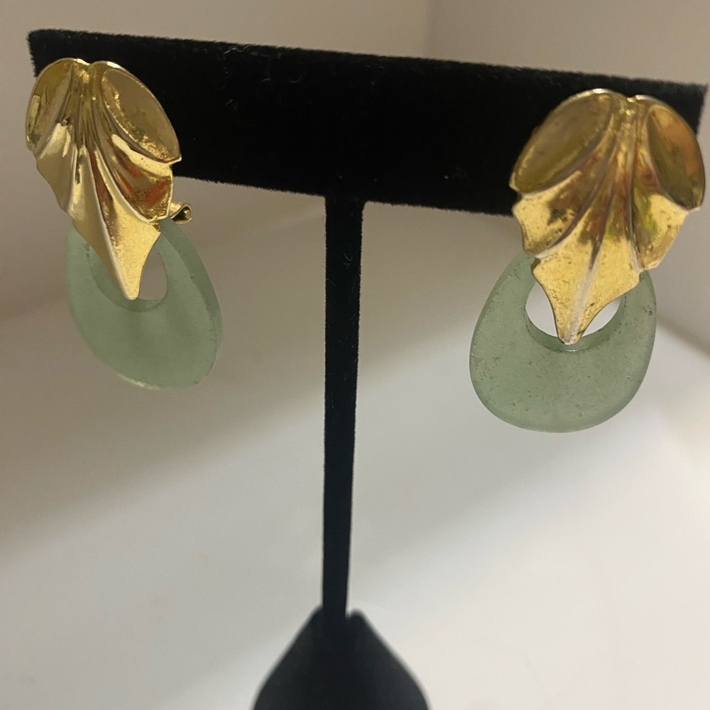 Gold Leaf Drop Earrings with Sea Glass Green Hoops